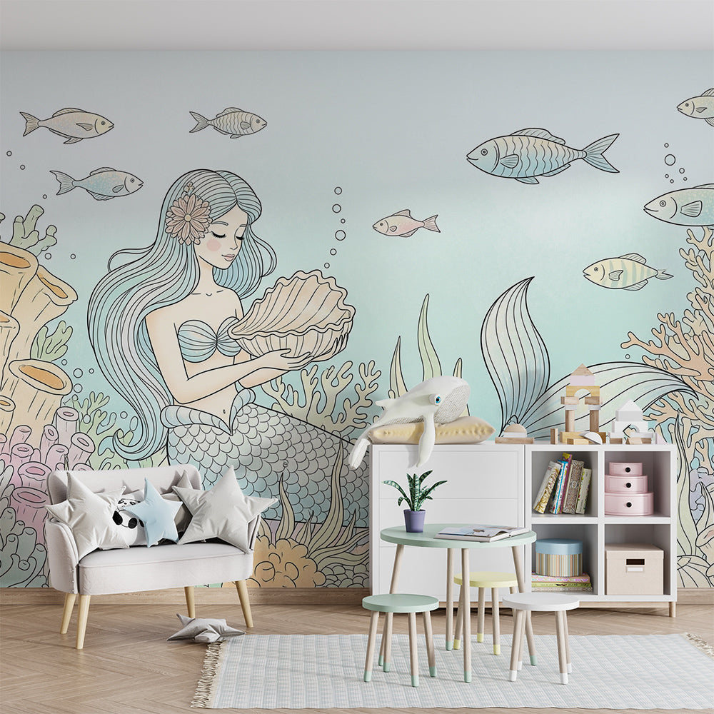 Kids-Mundo mermaid wall mural brightening a playroom wall with gentle line-art fish