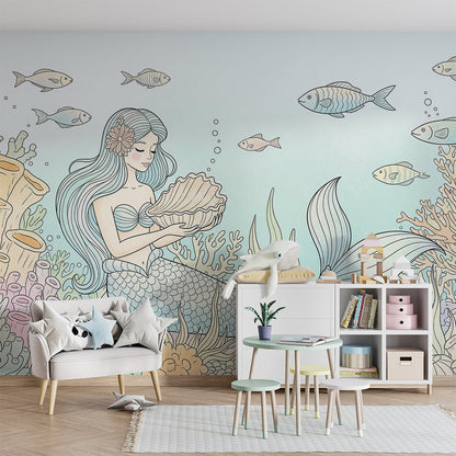 Kids-Mundo mermaid wall mural brightening a playroom wall with gentle line-art fish