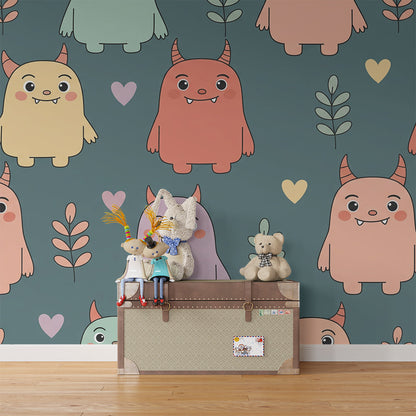 Kids-Mundo friendly monster wall mural covering a feature wall in a playful kids bedroom