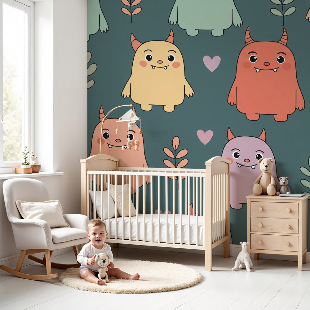 Kids-Mundo pastel monster wall mural styled behind a cot in a soft teal and coral nursery