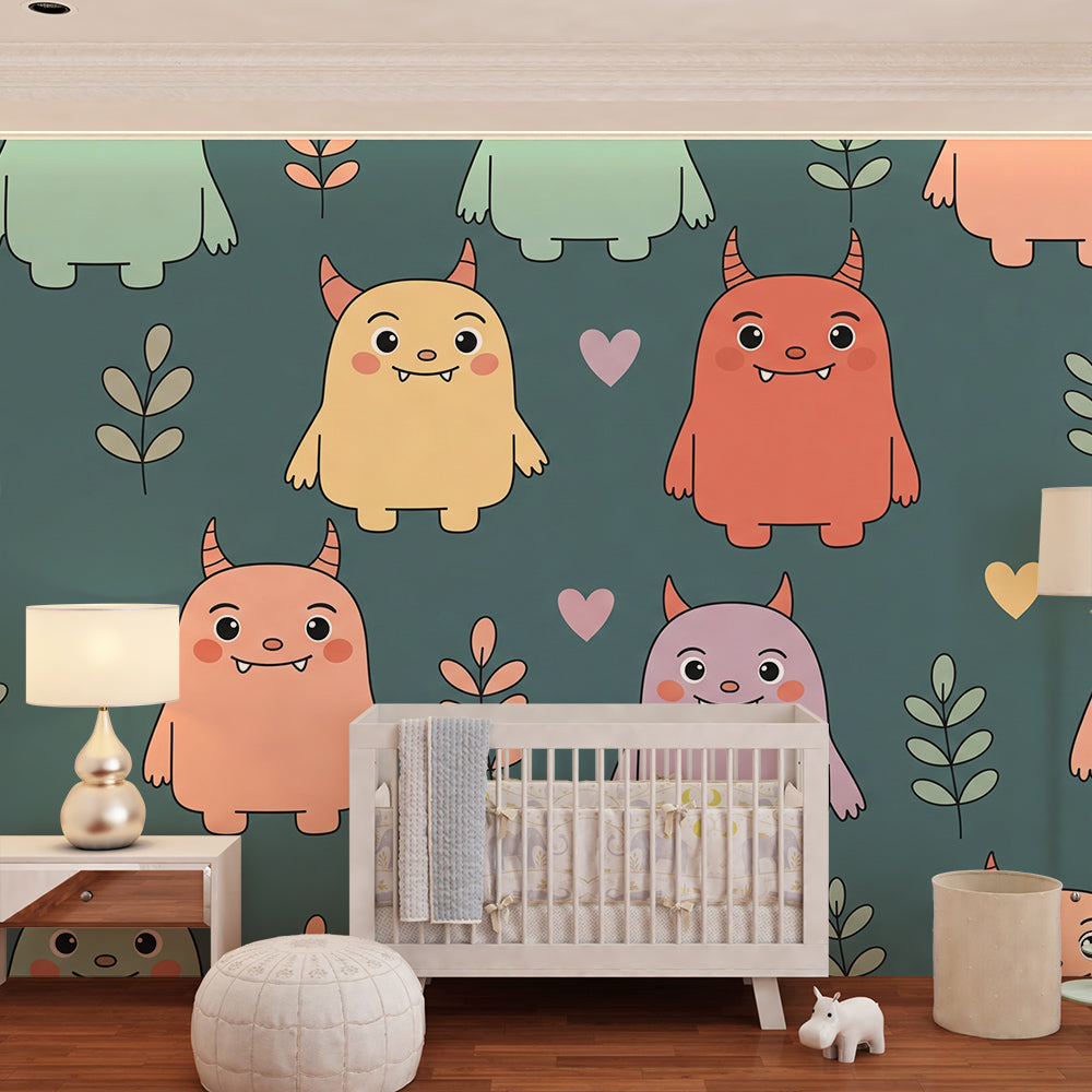 Kids-Mundo pastel monster wall mural brightening a colourful children's playroom corner