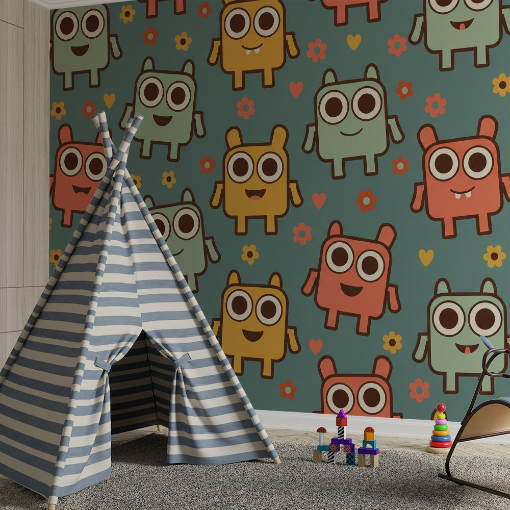 Kids bedroom wall styled with a Kids-Mundo pastel monster mural featuring cute characters and scattered flowers.