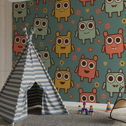Kids bedroom wall styled with a Kids-Mundo pastel monster mural featuring cute characters and scattered flowers.