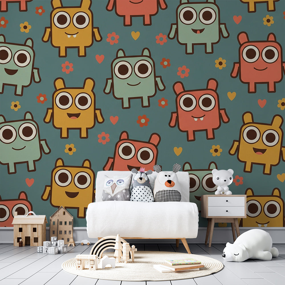 Playroom feature wall showing a Kids-Mundo pastel monster wall mural with playful flowers and hearts.