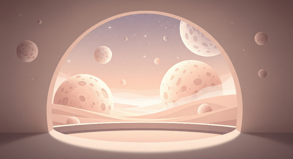 Kids-Mundo flat artwork of pastel cratered moons and stars over dune-coloured hills.