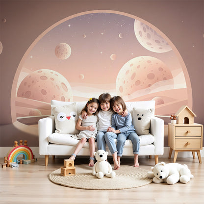 Kids-Mundo pastel moon and stars wall mural in a soft pink nursery with a cot and gentle lighting.