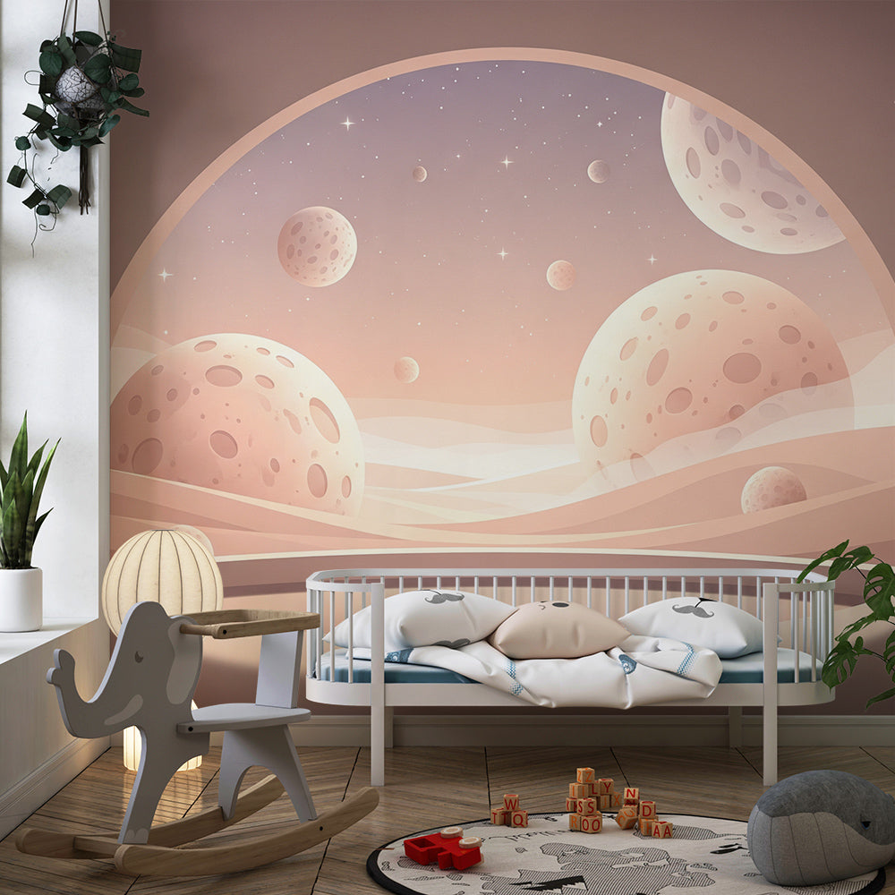 Kids-Mundo pastel moon wall mural brightening a playroom corner with soft dune-coloured tones.