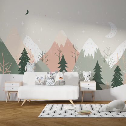 Kids-Mundo mountain forest wall mural on a kids bedroom wall, creating a starlit night-time scene.