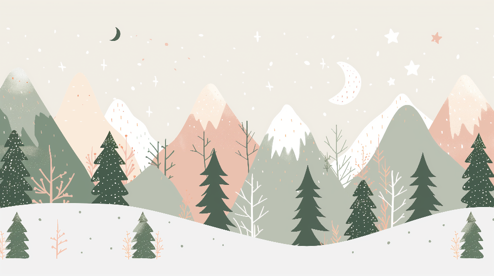 Kids-Mundo flat artwork of pastel mountains, a starry sky and pine forest for a kids wall mural.