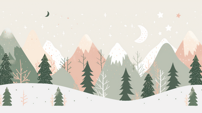Kids-Mundo flat artwork of pastel mountains, a starry sky and pine forest for a kids wall mural.