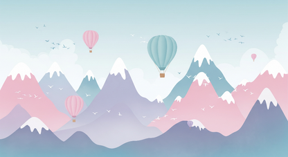 Kids-Mundo wall mural artwork of layered pastel mountains with drifting hot air balloons