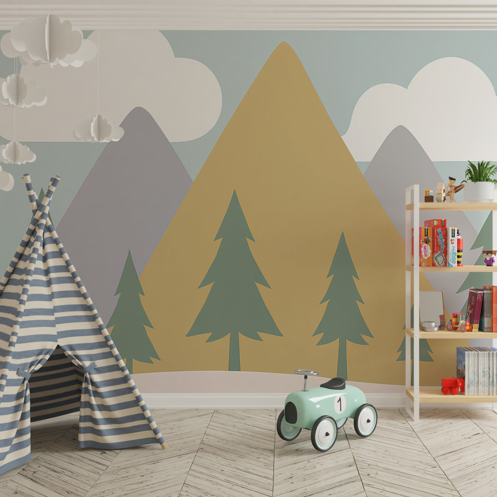 Kids-Mundo pastel mountain wall mural installed in a bright kids bedroom