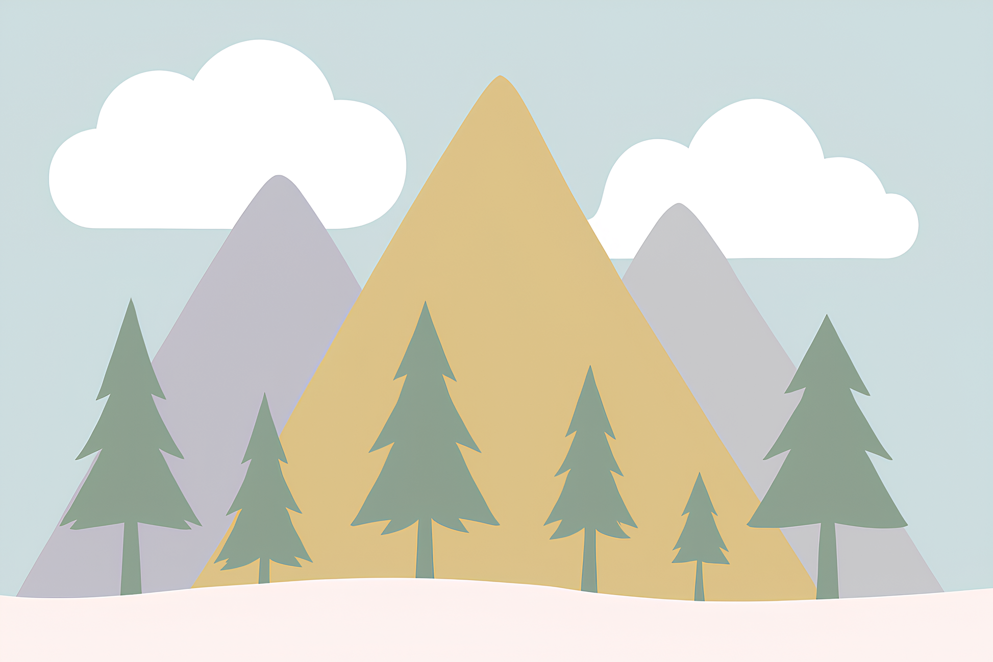 Kids-Mundo flat artwork of the pastel mountains and pine trees mural design