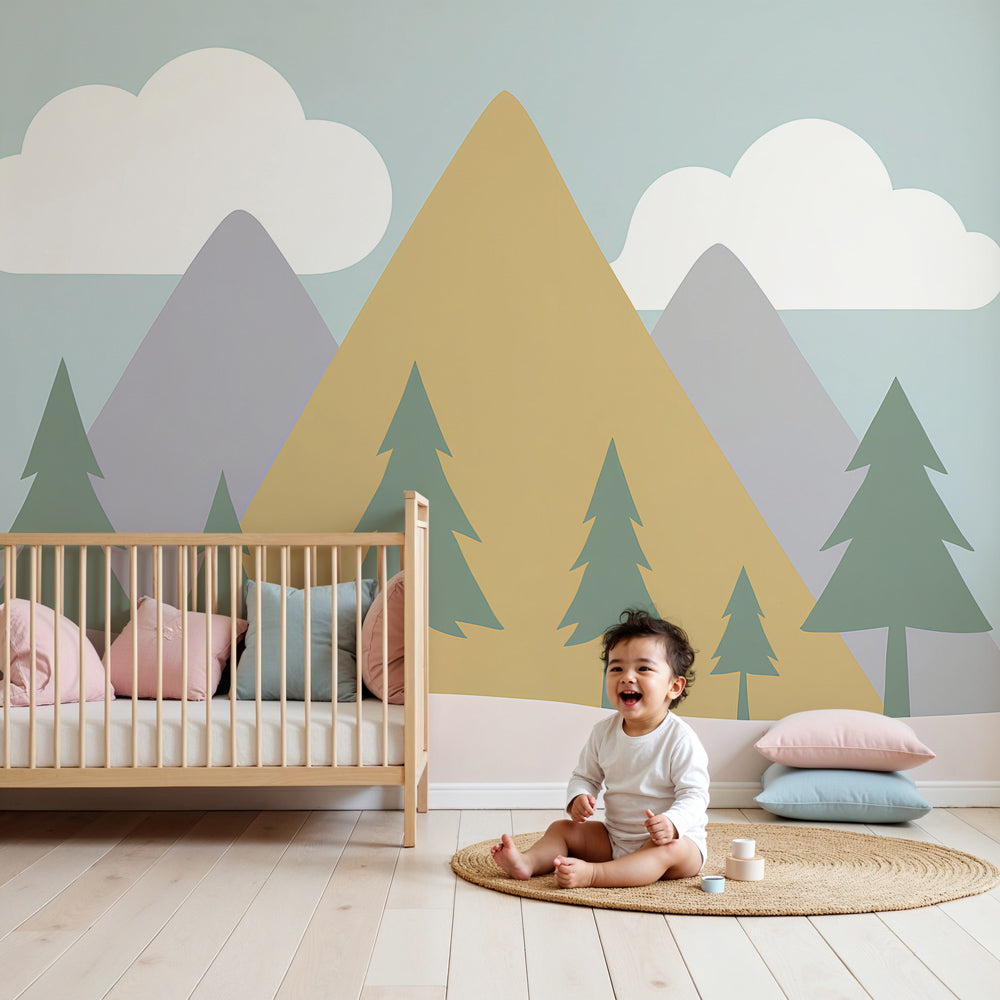 Kids-Mundo pastel mountains and pine trees wall mural made to measure for a nursery