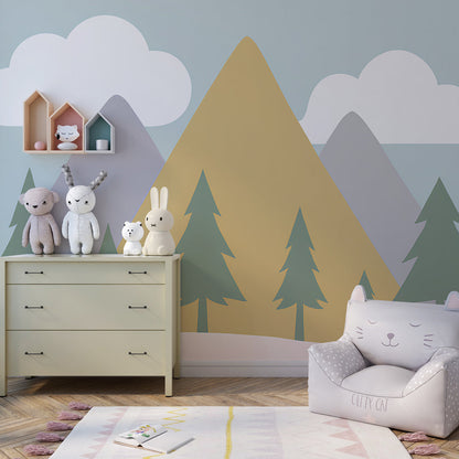Kids-Mundo pine tree mural bringing calm pastel mountains to a playroom wall