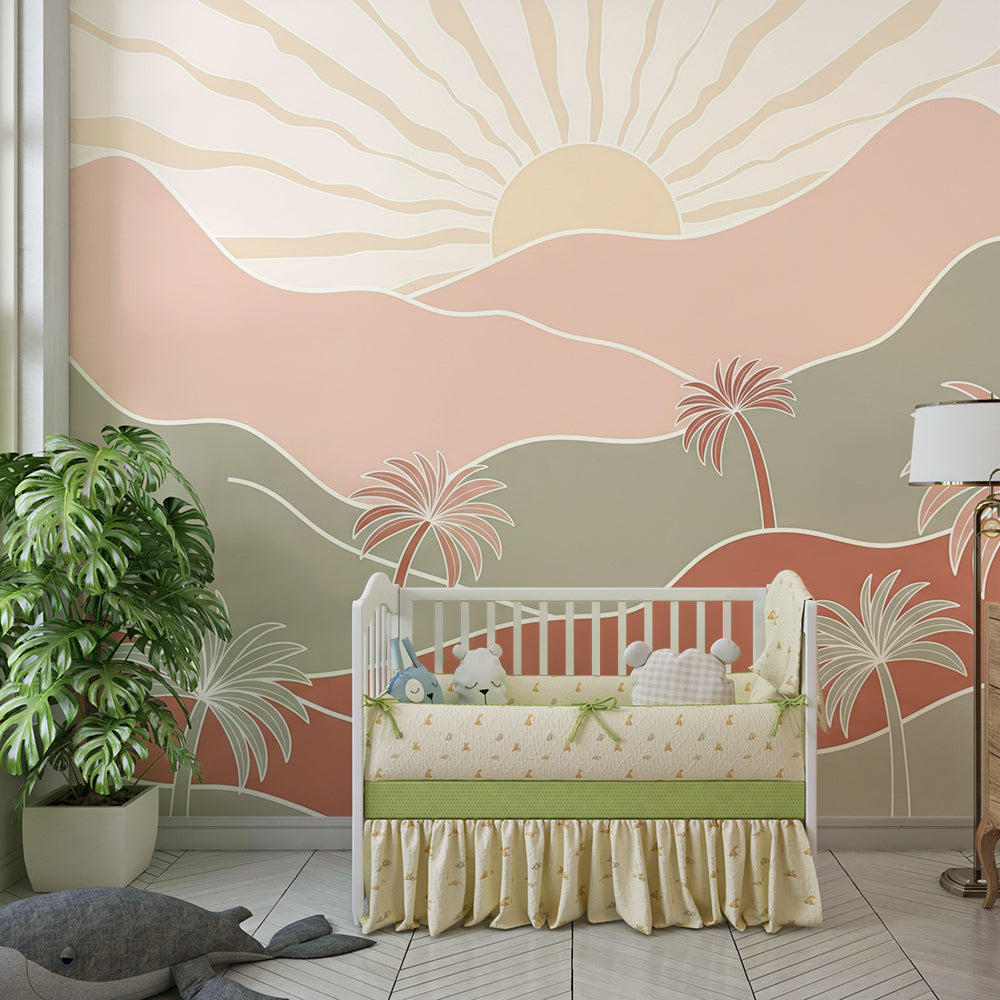 Kids-Mundo palm tree and mountain mural styled on a soft kids bedroom wall