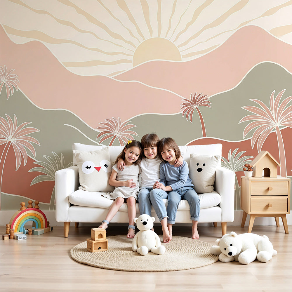 Kids-Mundo pastel mountain wall mural with palm trees in a warm boho nursery