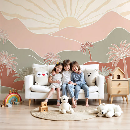 Kids-Mundo pastel mountain wall mural with palm trees in a warm boho nursery