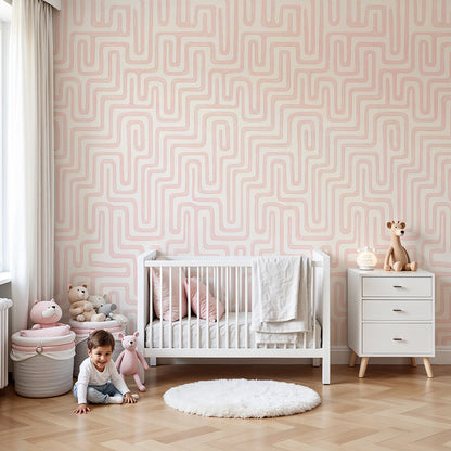 Kids-Mundo pastel pink labyrinth wall mural styled in a soft pastel nursery setting.
