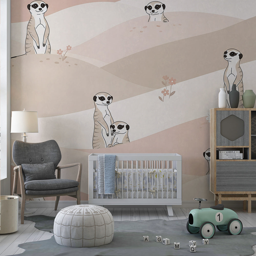 Kids-Mundo meerkat dune wall mural adding gentle colour to a toddler's kids bedroom wall
