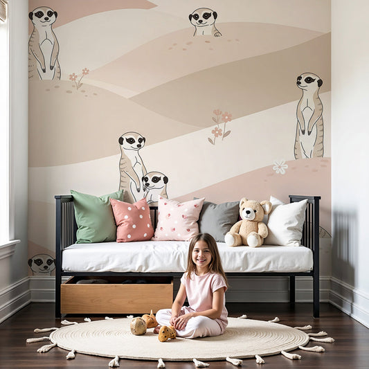 Kids-Mundo pastel meerkat wall mural styled in a soft blush nursery beside a wooden cot