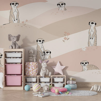 Kids-Mundo pastel meerkat wall mural bringing playful colour to a children's playroom corner