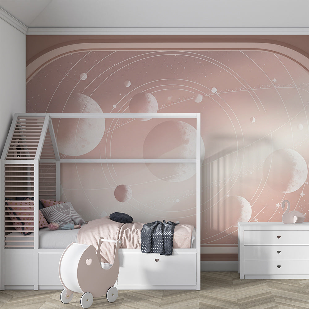 Kids-Mundo pastel planet wall mural shown as a feature wall in a calm children's bedroom