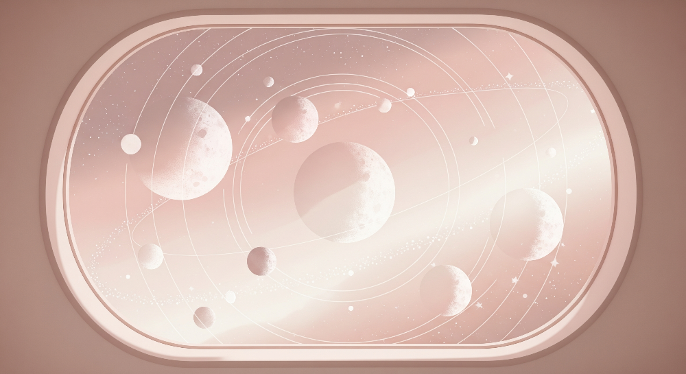 Kids-Mundo flat artwork print of a pastel porthole with orbiting moons and planets in blush and beige