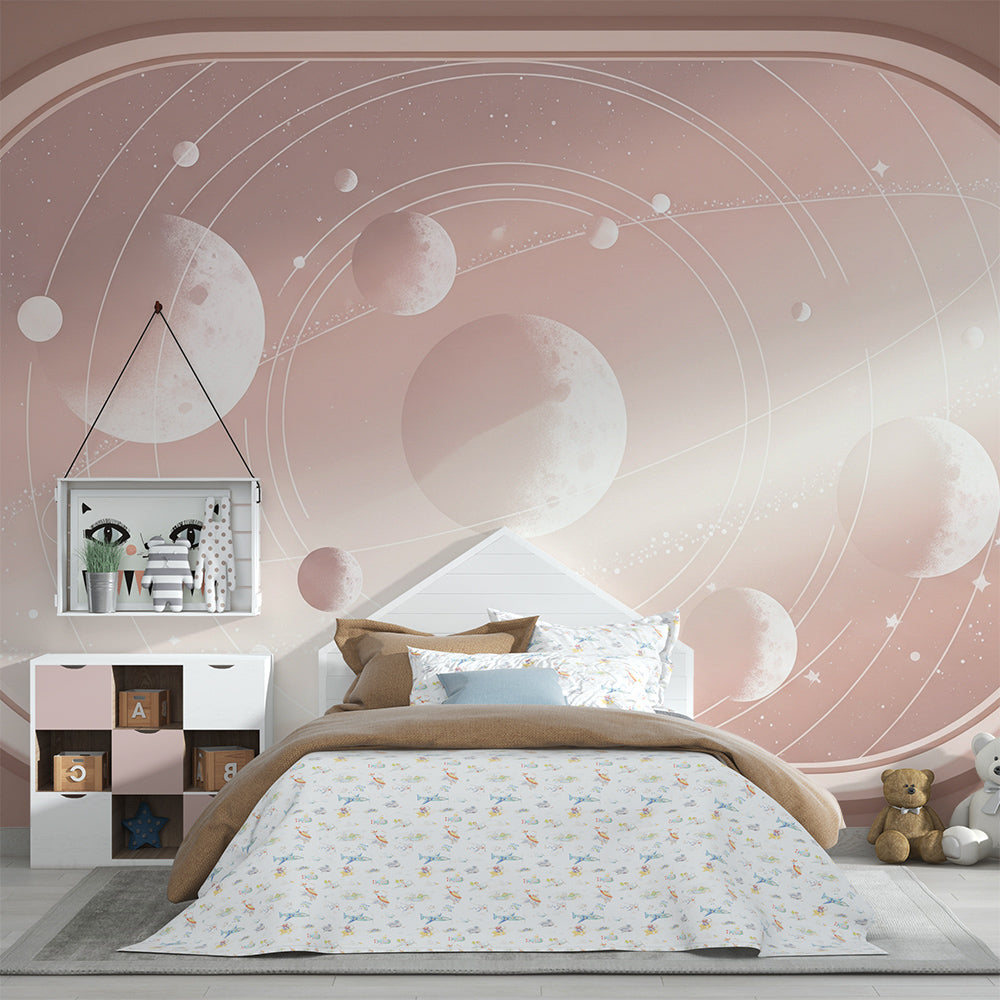 Kids-Mundo pastel planet porthole mural decorating a bright playroom wall for imaginative play