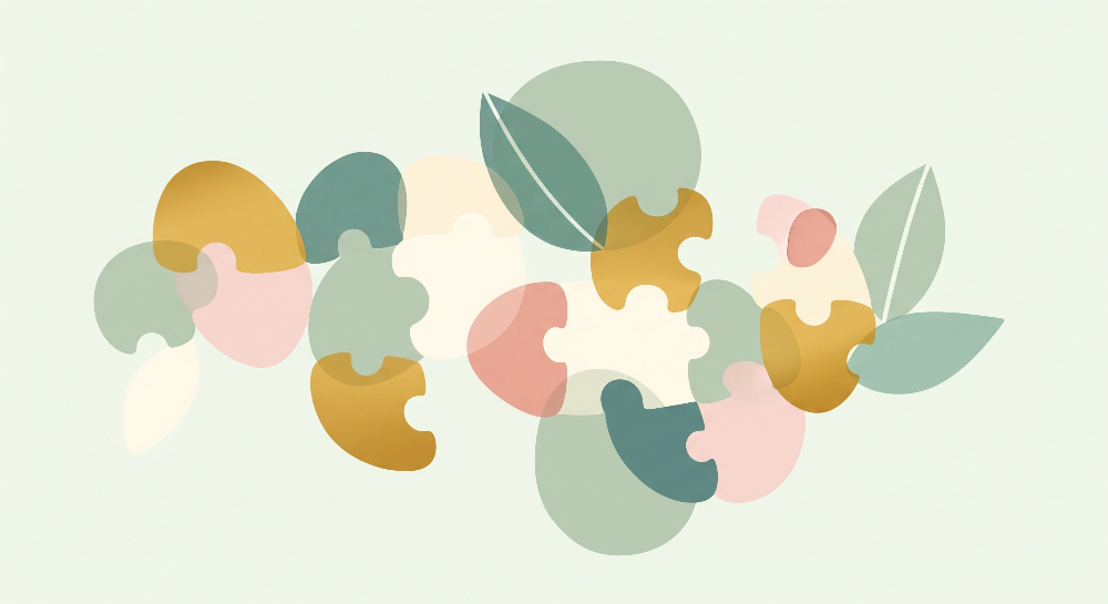 Kids-Mundo flat artwork of abstract puzzle pieces and leaf shapes in sage green, mustard and blush pink