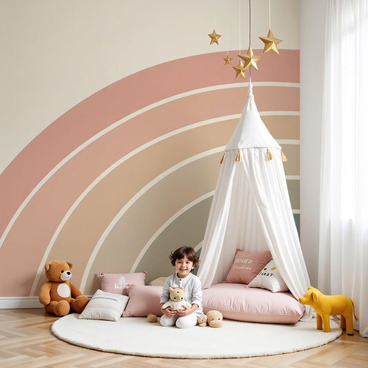 Kids-Mundo pastel rainbow wall mural in a soft cream nursery behind a white cot