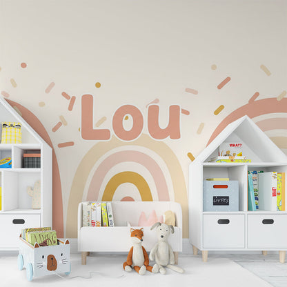 Kids-Mundo pastel rainbow wall mural with confetti brightening a children's playroom
