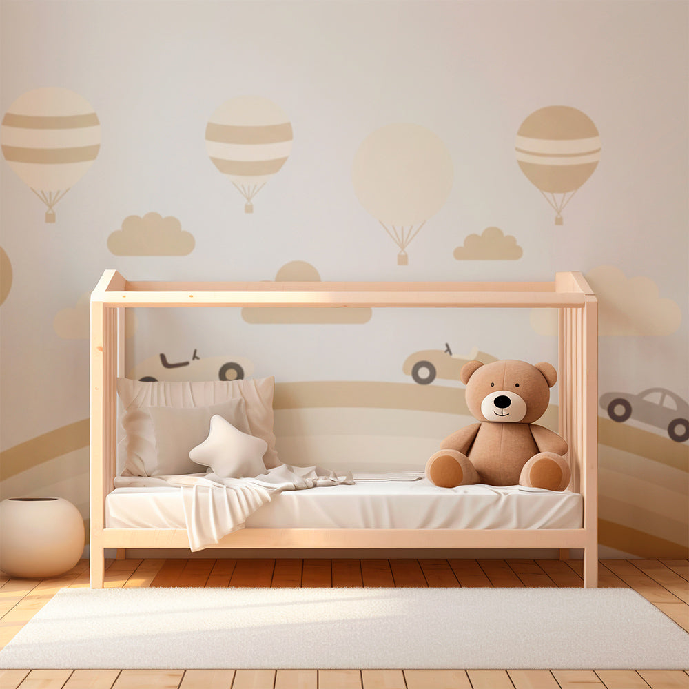 Kids-Mundo rainbow cars wall mural styled in a colourful kids bedroom with hot air balloon decor
