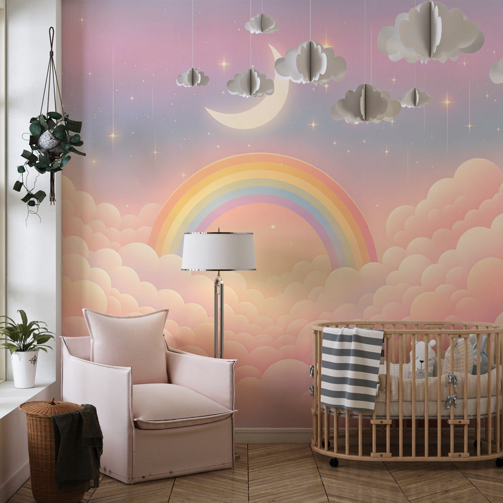 Kids-Mundo rainbow and starry sky mural on a feature wall in a pastel toddler bedroom