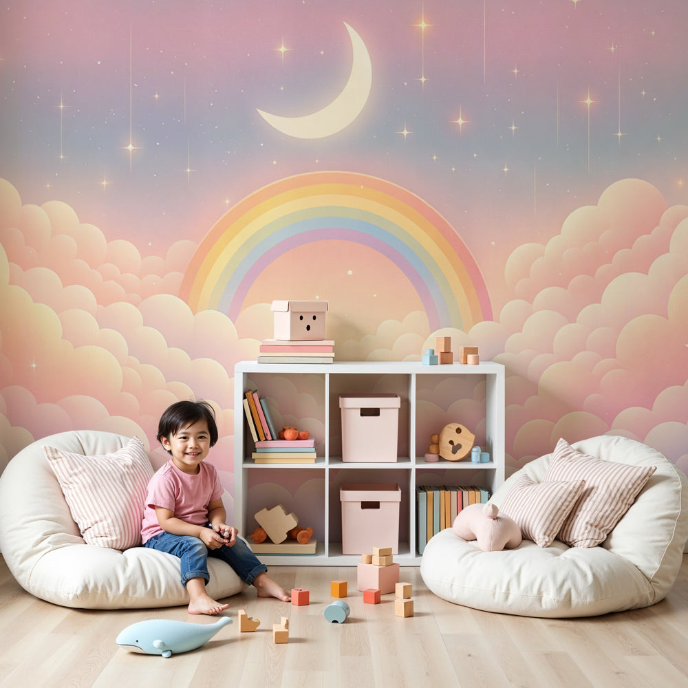 Kids-Mundo pastel rainbow wall mural in a soft pink nursery with a cot and dreamy cloud decor