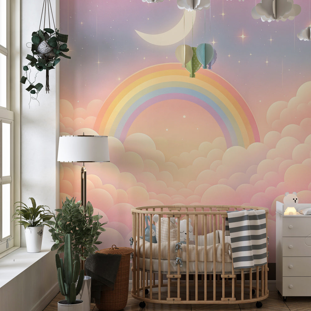 Kids-Mundo dreamy cloud and rainbow wall mural brightening a pastel playroom corner