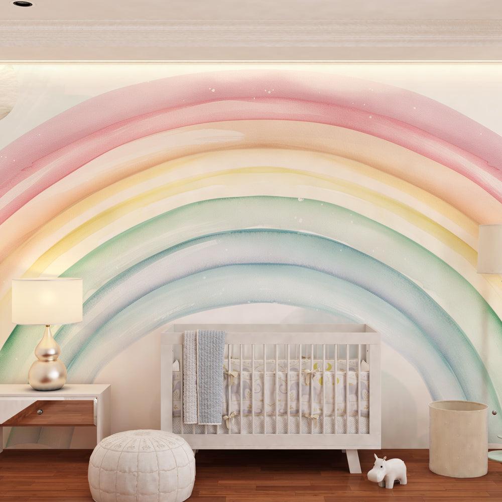 Kids-Mundo pastel watercolour rainbow and clouds wall mural styled in a kids bedroom
