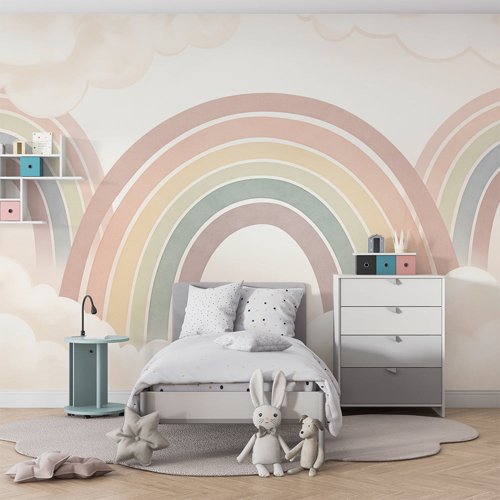 Kids-Mundo watercolour rainbow wall mural above a cot bed in a kids bedroom