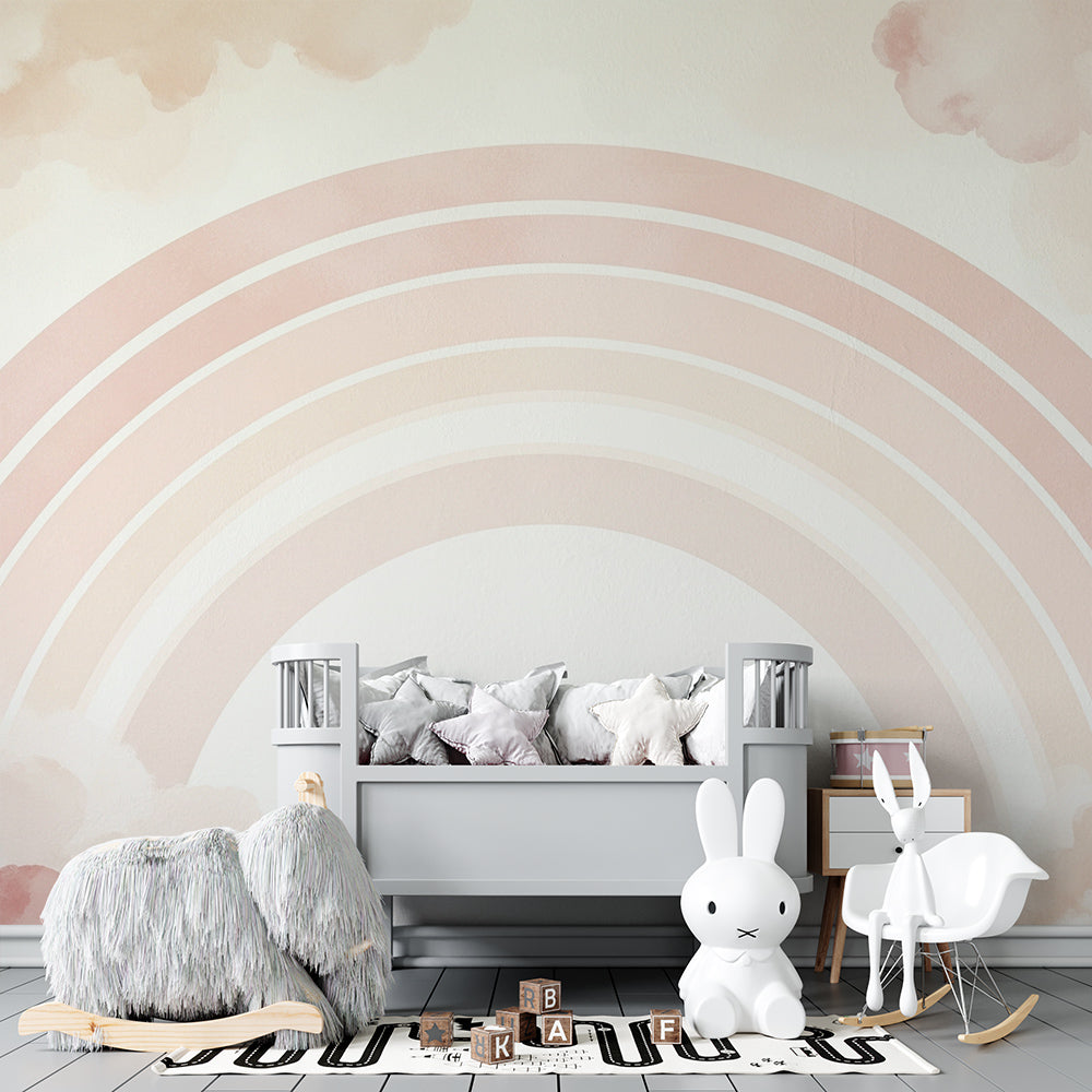 Kids-Mundo rainbow and clouds wall mural in a calm pastel kids bedroom.