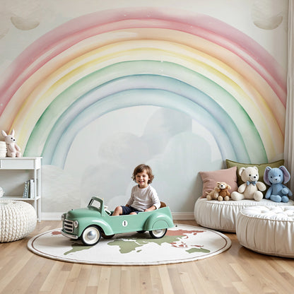 Kids-Mundo pastel watercolour rainbow and clouds wall mural in a bright nursery room