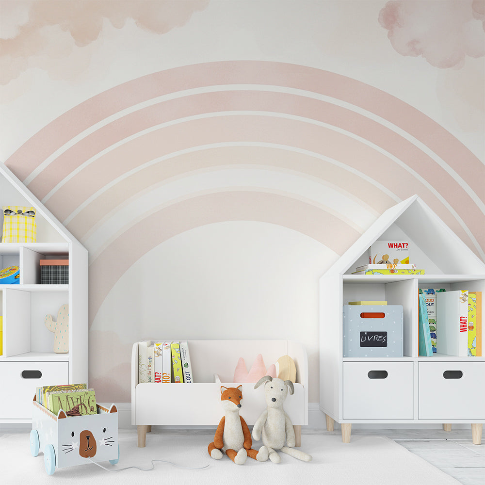 Kids-Mundo soft rainbow wall mural brightening a gentle children's playroom.