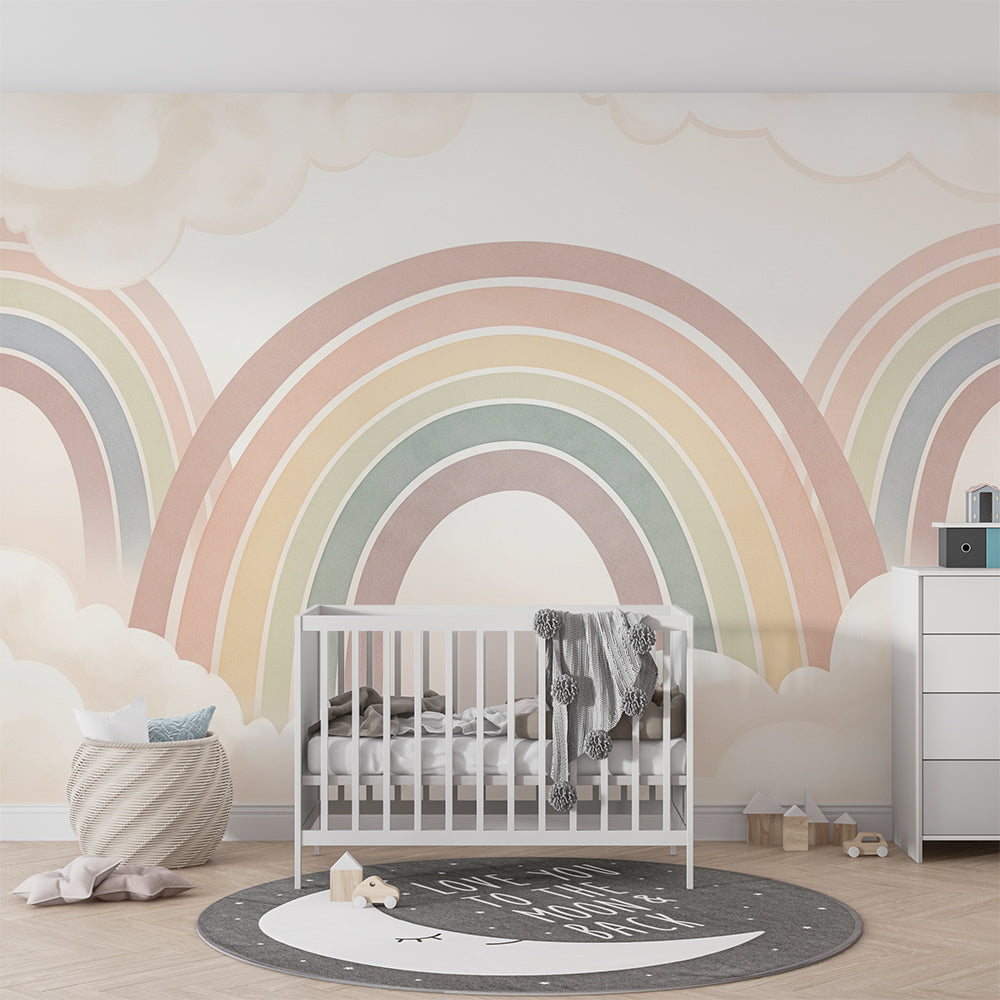 Kids-Mundo rainbow clouds wall mural covering the back wall of a playroom