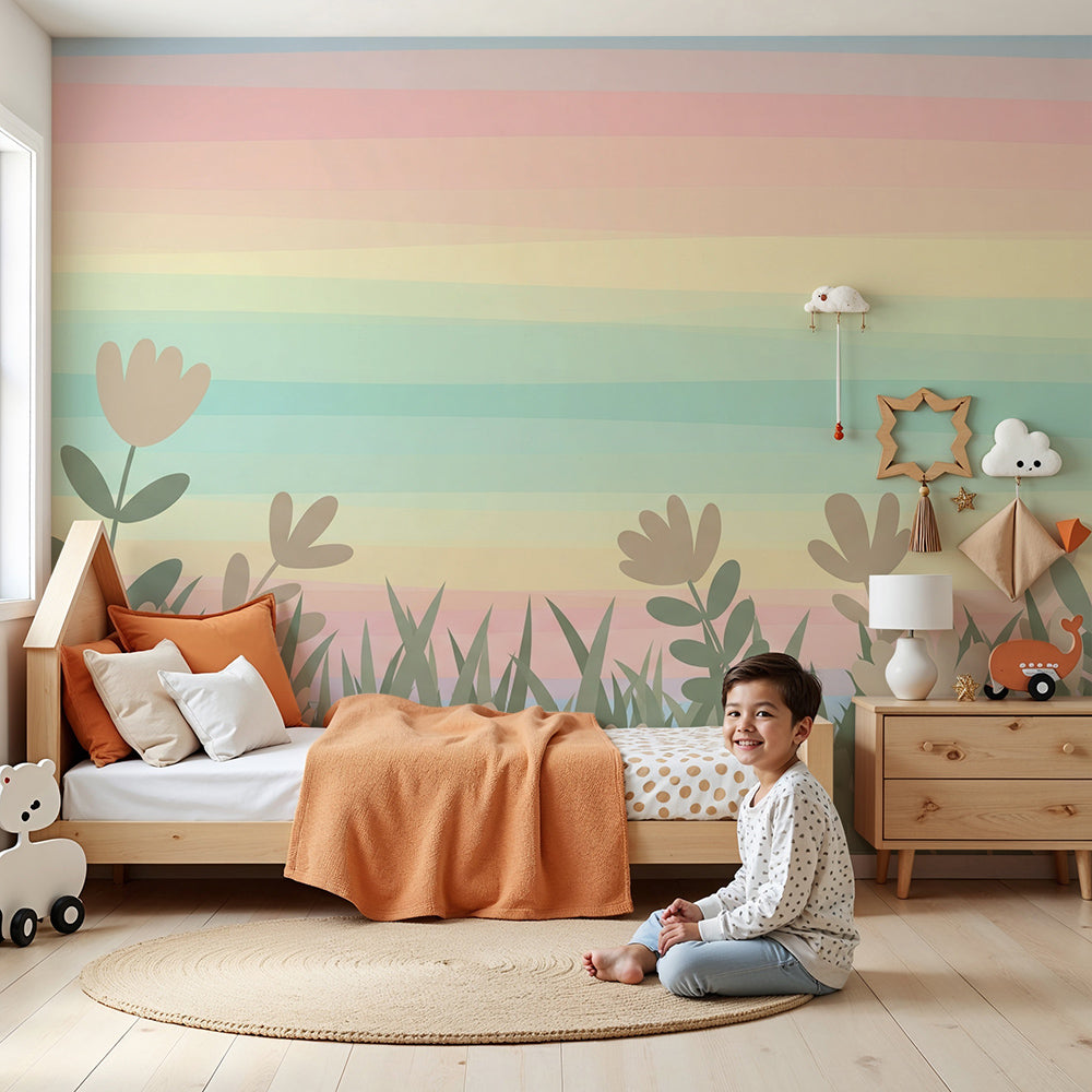 Kids-Mundo pastel rainbow wall mural styled behind a cot in a warm, boho-style nursery