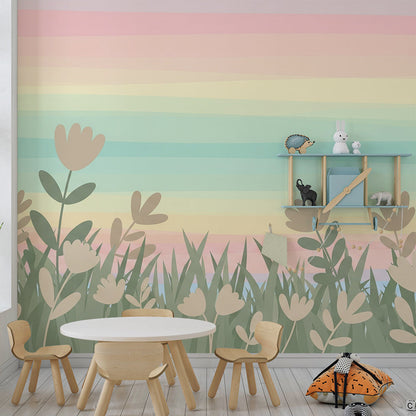 Kids-Mundo pastel wildflower meadow wall mural covering a feature wall in a cosy playroom