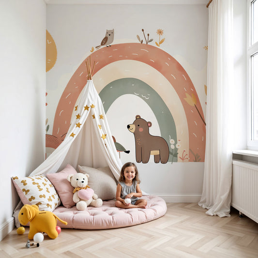 Kids-Mundo pastel rainbow forest mural with fox and bear styled in a nursery room
