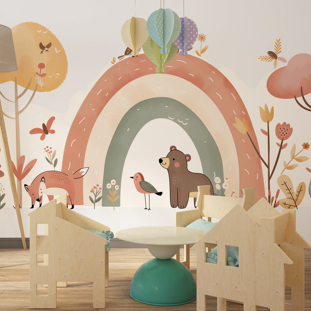 Kids-Mundo forest friends rainbow mural displayed in a bright kids' playroom