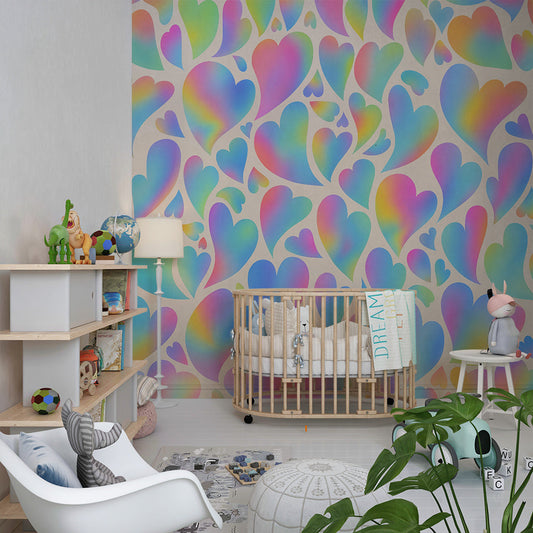 Kids-Mundo gradient hearts wall mural above a single bed in a girl's bedroom