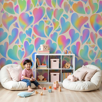 Kids-Mundo pastel rainbow hearts wall mural covering a nursery feature wall