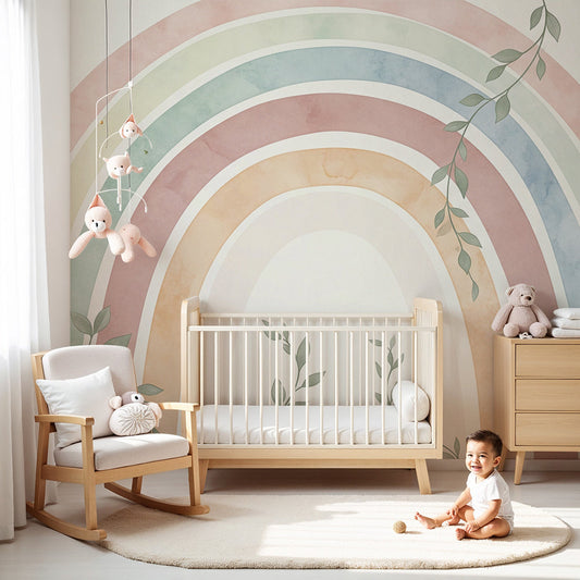 Kids-Mundo pastel rainbow wall mural with trailing leaves in a soft neutral nursery
