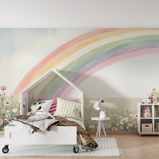 Pastel rainbow meadow wall mural by Kids-Mundo on a feature wall in a child's bedroom.